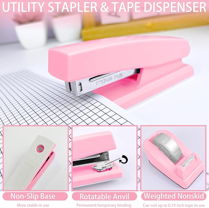Pink Desk Accessories Set - 16 Pcs Pink Office Supplies with Stapler, Tape Dispenser, Pen Holder, Staple Remover, Hole Punch, Practical Aesthetics Desk Sets for Office, Home, School Women