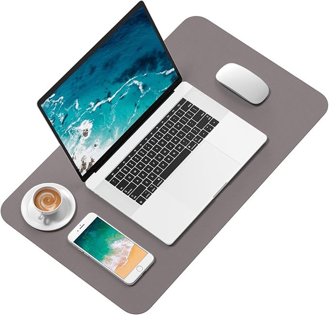 Hsurbtra Desk Pad, 23.6" x 13.8" PU Leather Desk Mat, M Extended Mouse Pad, Waterproof Desktop Blotter Protector, Non-Slip Ultra Thin Small Laptop Keyboard Writing Mat for Office Home, Light Gray