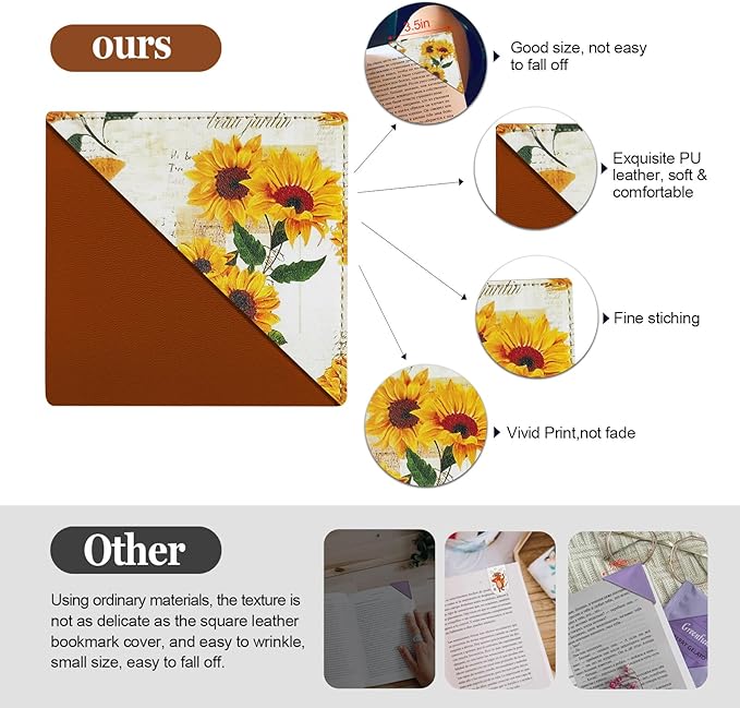 Personalized Leather Bookmarks, Fun Corner Pge Book Marks, Vintage Book Accessories for Reading Lovers Women Girls Student Teacher Kids Retirement Birthday Gifts (4 Pack Cute Sunflower)