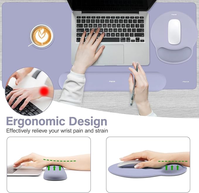 MOSISO Wrist Rest for Keyboard Mouse Pad Set,Large Gaming Deskpad&Circle Curved Mousepad&Keyboard Wrist Rest&Coaster,Ergonomic Non-Slip Mousepad&Easy Typing Pad with Curved Memory Foam,Lavender Gray