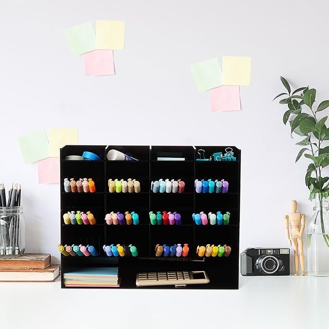Acrylic Pen Organizer Storage for 200 Markers Vertical Marker Organizer Acrylic Pen Display Holder for Office Desk Desktop Stationery Pencil Storage, Black, 13 x 4 x 10.2 Inch