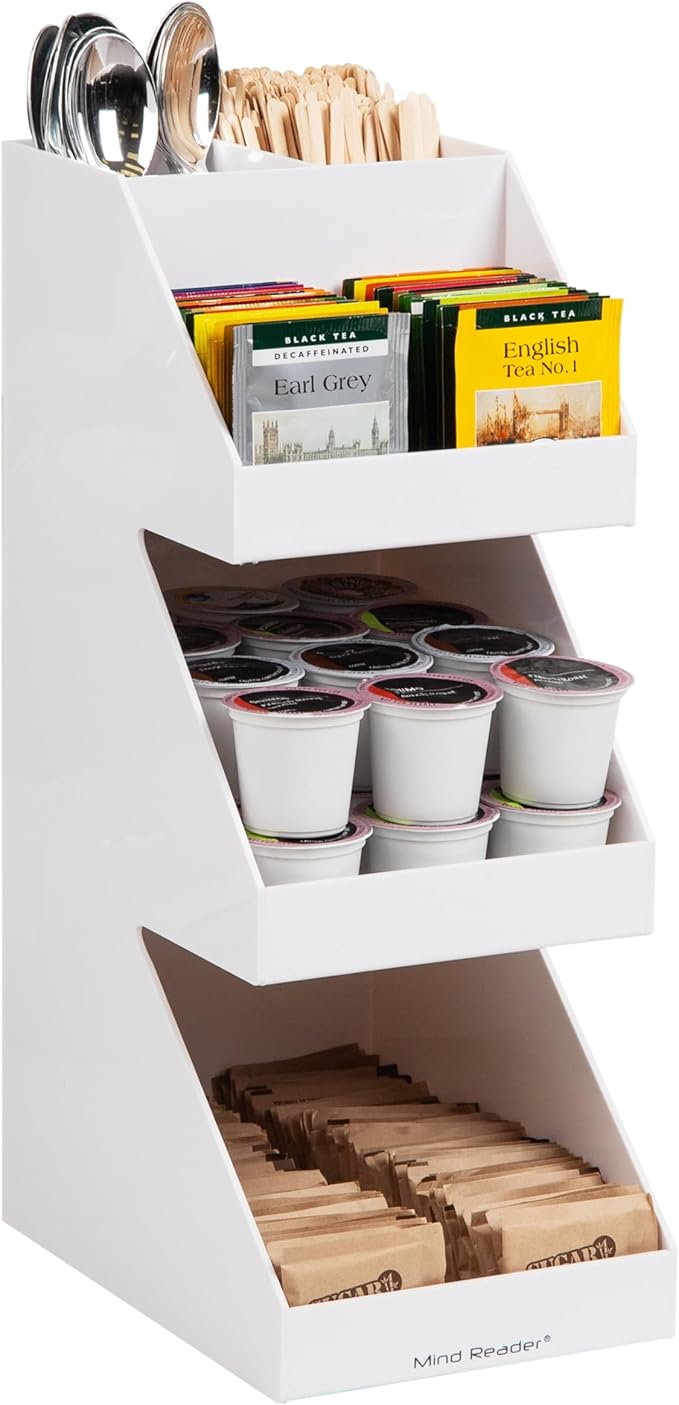 Mind Reader Coffee Tea Utensil and Condiment Station, Countertop Organizer, Coffee Bar, Kitchen, 6"L x 9"W x 16"H, White