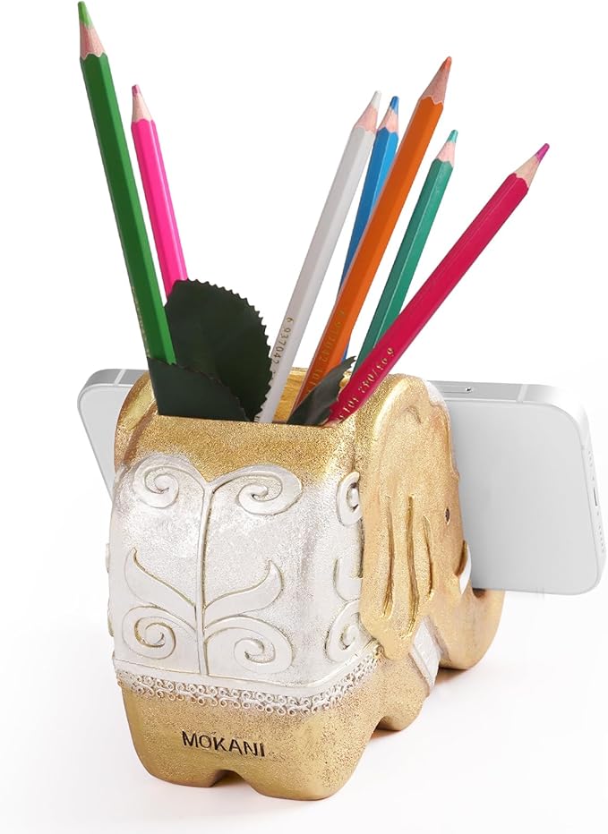 MOKANI Elephant Pencil Holder with Phone Stand, Elephant Gifts for Women Multifunctional Pen Holder Office Desk Organizer Desk Accessories Desk Decor Decorations Thanksgiving Christmas Gifts