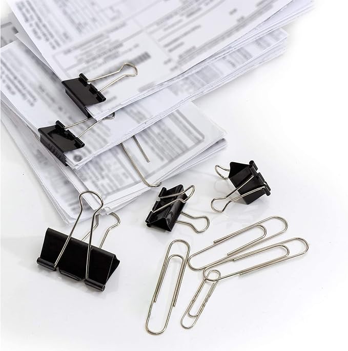 340 PCS Paper Clips and Binder Clips Assorted Sizes, Large Medium Small Silver Paperclips&Black Binder Clip Set for Home&School&Office Document Organizing,Supplies Desk Essentials in Container
