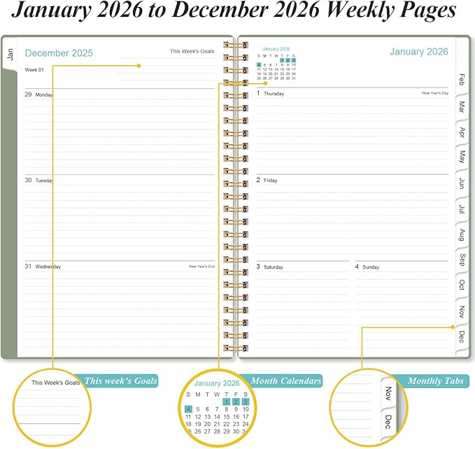 2026 Planner - Planner 2026 from January 2026 - December 2026, Weekly & Monthly Planners Spiral Bound with 12 Monthly Tabs, Inner Pocket, 6.4" x 8.5", Green