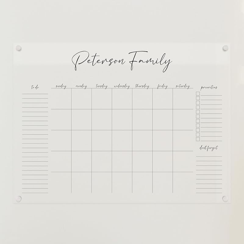 Personalized Clear Acrylic Calendar for Wall, Calendar Whiteboard for Wall, Dry Erase Wall Calendar, Wall Calendar Organizer System for Home (Cursive, Black, 31"W x 23"H)