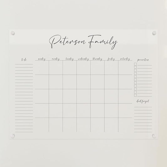 Personalized Clear Acrylic Calendar for Wall, Calendar Whiteboard for Wall, Dry Erase Wall Calendar, Wall Calendar Organizer System for Home (Cursive, Black, 31"W x 23"H)