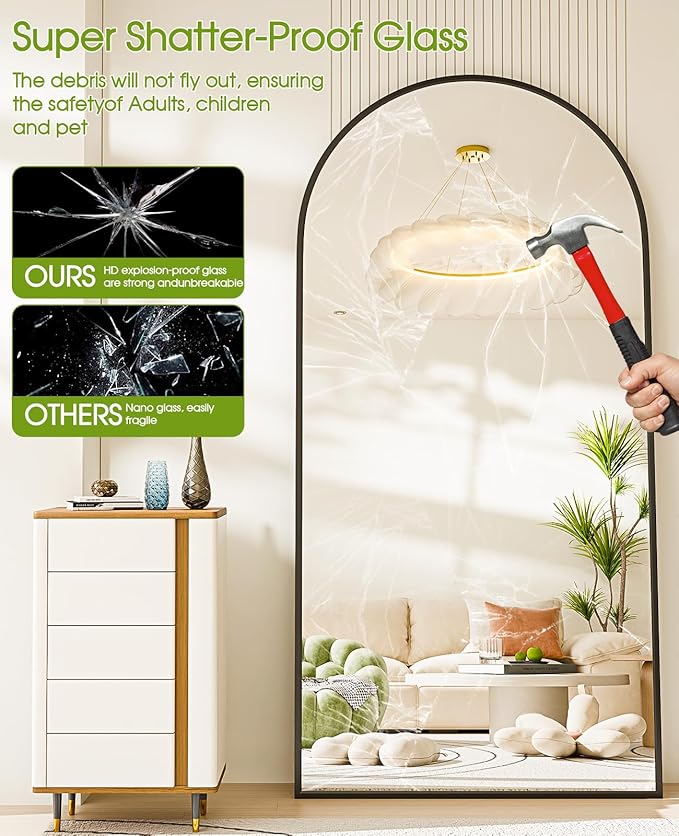 SUNQUEEN 71"×32" Mirror Full Length, Arched Full Length Mirror with Stand, Standing Floor Mirror Wall, Hanging or Leaning Large Full Body Mirrors for Bedroom Living Room (Black)