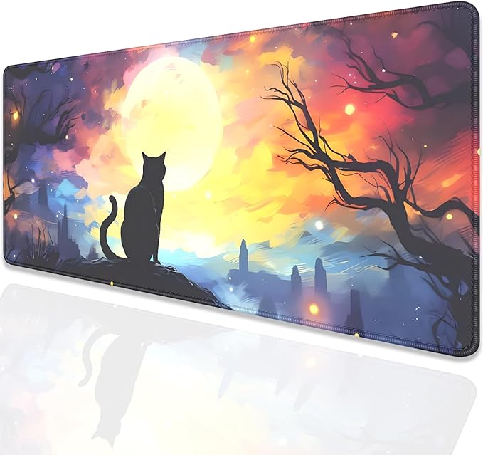 Black Cat Starry Night Mouse Pad Desk Mat,Large Extended Gaming Mouse Pad with Stitched Edges,Non-Slip Waterproof Rubber Base for Office,Computer,Keyboard,Laptop and Home Desk Pad(27.5X11.8 in)