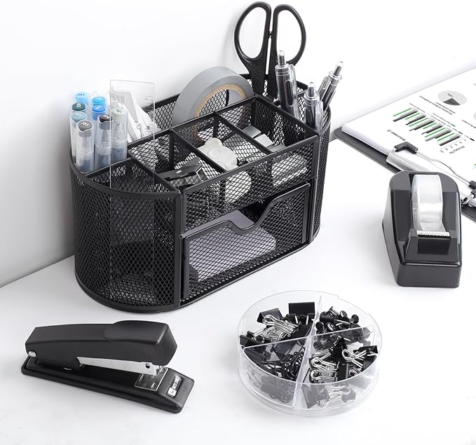 Office Supplies for Desk,14pcs Black Desk Sets and Accessories, Office Supply Kit with Mesh Desktop Organizer and Stapler,Staple Remover, Staples,Tape Dispenser,Sticky Tabs,Scissors, Ruler