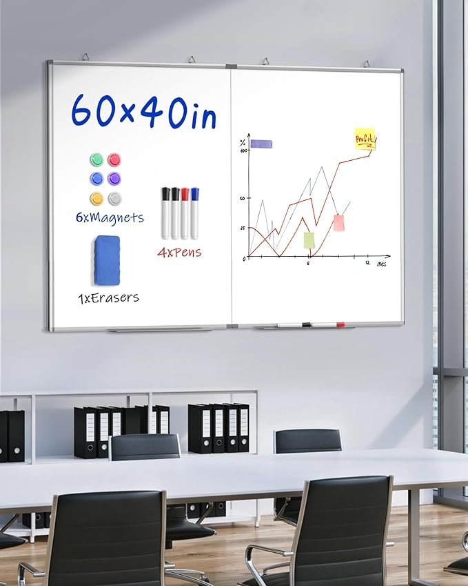 60"X 40" Large Magnetic Dry Erase Whiteboard, Wall Hanging Board with 8 Pens & 4 Dry Erasers & 30 Magnets, Sliver Aluminum Frame White