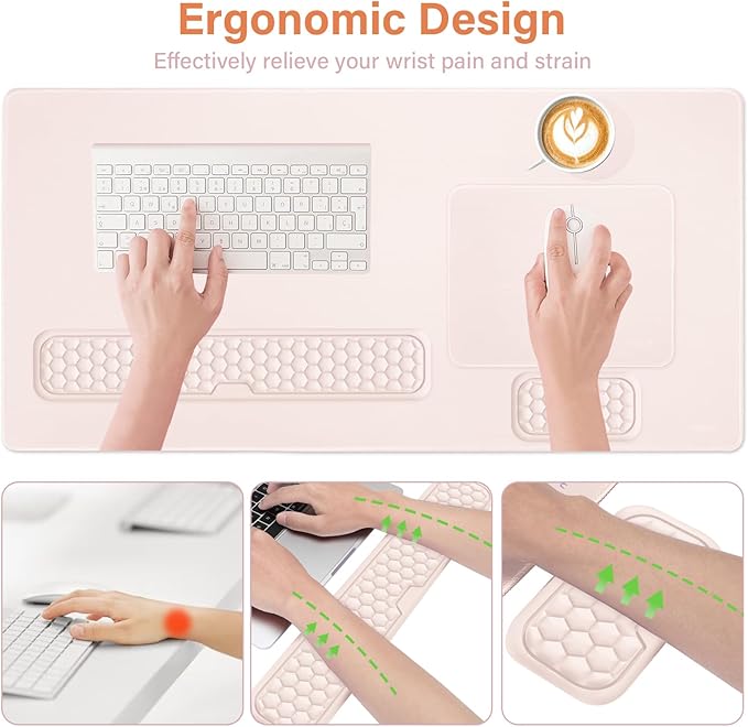 MOSISO Large Gaming Mouse Pad&Massage Keyboard Wrist Rest&Mousepad&Wrist Rest&Coaster,Ergonomic Non-Slip Base Pad Set&Pain Relief Easy Typing Cushion with Memory Foam for Home Office, Apricot
