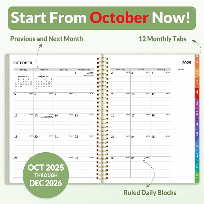 SUNEE 2026 Weekly and Monthly Planner - from January 2026 - December 2026, 8.5"x11" Daily Agenda Planner with Monthly Tab, Flexible Cover, Note Pages, Pockets, Bookmark, Spiral Binding, Sage Green