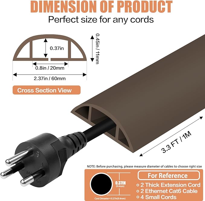 Floor Cord Cover Cable Cavity Self Adhesive Cord Hider Floor Floor Cable Management Power Cord Protector Floor Electric Cord Covers for Offices, Gym, Exhibitions (CoffeeBrown, 2.36" x 3.3')