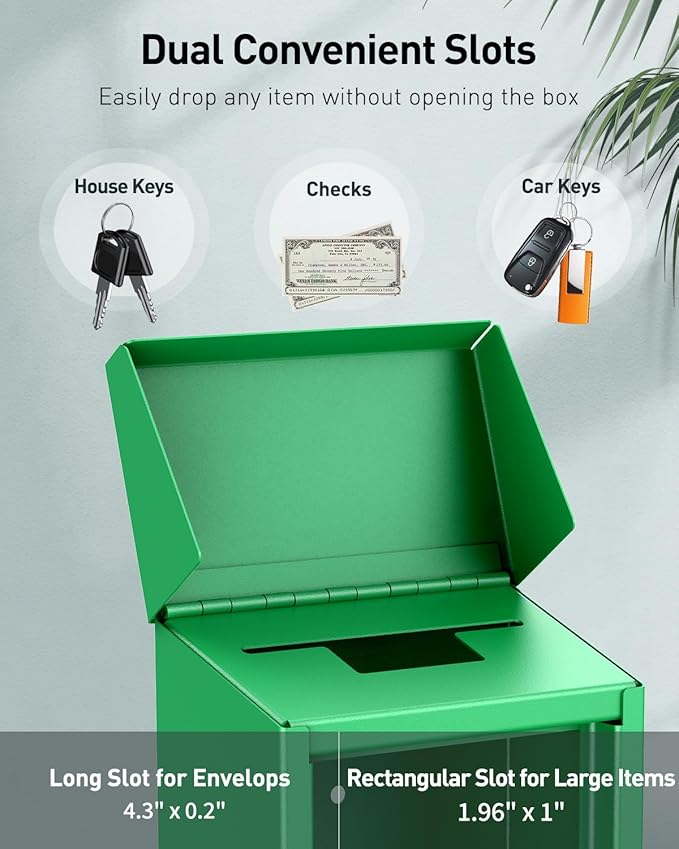 Uniclife Green Key Drop Box for Outside, Metal Safe Suggestion Box with Key Lock, Collection Boxes Donation Chest, Wall Mounted Mailbox with Top Slot, Steel Cash Drop Chest for Home Office Business