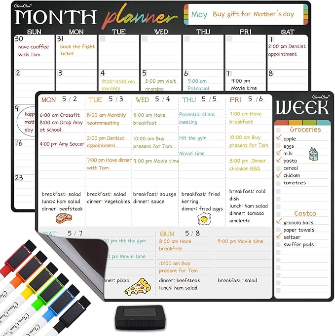 Magnetic Dry Erase Monthly and Weekly Calendar - 17"x12" Monthly and Weekly Whiteboard for Fridge - 6 Extra Fine Point Markers Included - Shipped Flat