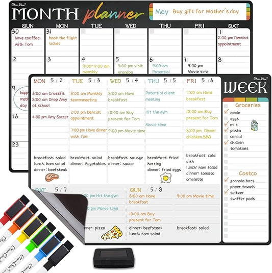 Magnetic Dry Erase Monthly and Weekly Calendar - 17"x12" Monthly and Weekly Whiteboard for Fridge - 6 Extra Fine Point Markers Included - Shipped Flat