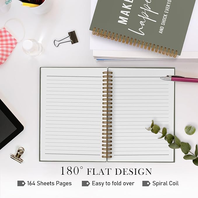 QLMX Make It Happen Motivational Spiral Notebook, Inspirational Journal Notebook, Inspirational Coworker Office Supplies Gifts for Women Men Employee, Green Positive Notebooks for Work, 5.5x8.3 Inch