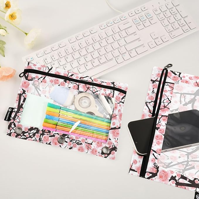 ALAZA Pencil Pouch for 3 Ring Binder, Flowers Cherry Blossom Binder Pencil Pouches with Clear Window Zipper Pencil Case Cosmetic Bags for Office College Supplies, 2PCS