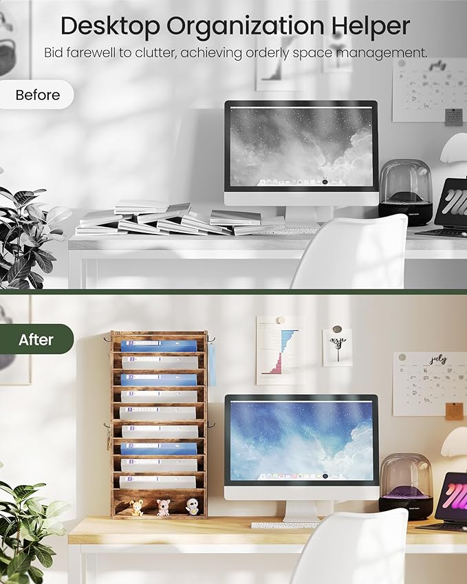 Wall File Organizer, 10-Tier Hanging Mail Organizer, Wall Mount File Holder with 4 Side Hooks, Mail and Storage Organizer, Wooden Vertical Hanging Holder for Office, Rustic Brown MWJ03FG