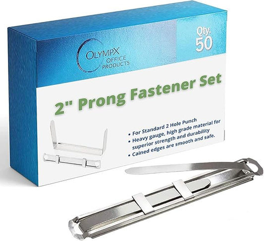 OLYMPX 50 Pcs of 2” Capacity Premium Metal Prong Paper Fastener Complete Set, 2.75 Inch Base with Standard 2-Hole Punch Compressor for Paper File Folder, 50 per Box