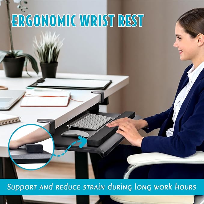 EHO Large Ergonomic C-Clamp Keyboard Tray Mount Under Desk with Wrist Rest, Slide-Out Platform 27.5" (31.8" Including Clamps) x 12.5", Pull Out Keyboard & Mouse Tray for Home or Office, Black