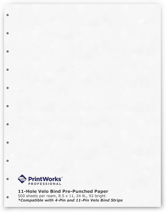 PrintWorks Professional Pre-Punched 11 Hole Velo Bind Paper for 11 Pin & 4 Pin Binding Spines - Book Binding Printer Paper - Made in the USA - 500 Sheets - 8.5" x 11" - 20 lb - 92 Bright White (04330)