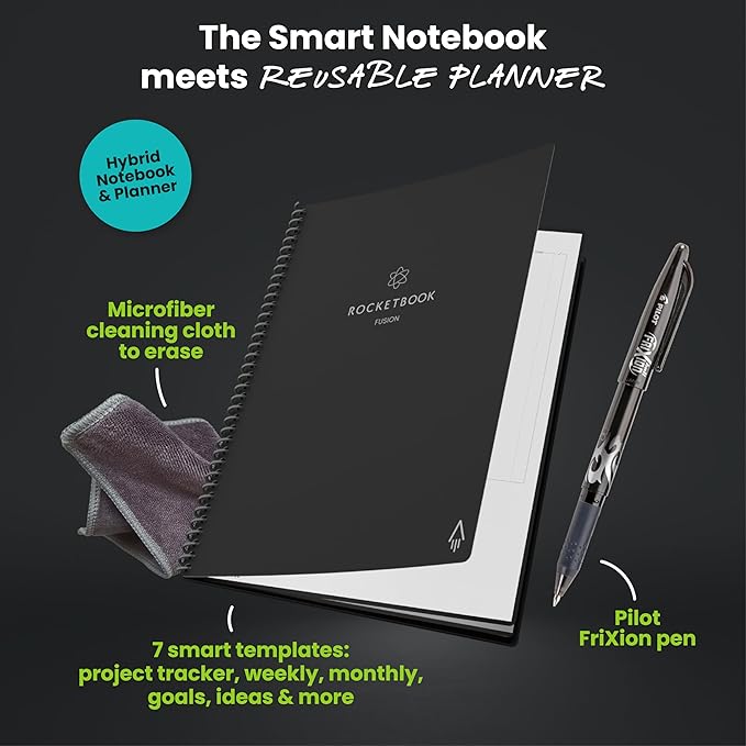 Rocketbook Fusion Hybrid Reusable Planner and Notebook in One, Additional Blank Pages, Goal and Project Tracker, Undated Planner, Executive Size 6x8.8, Black (Pack of 1)