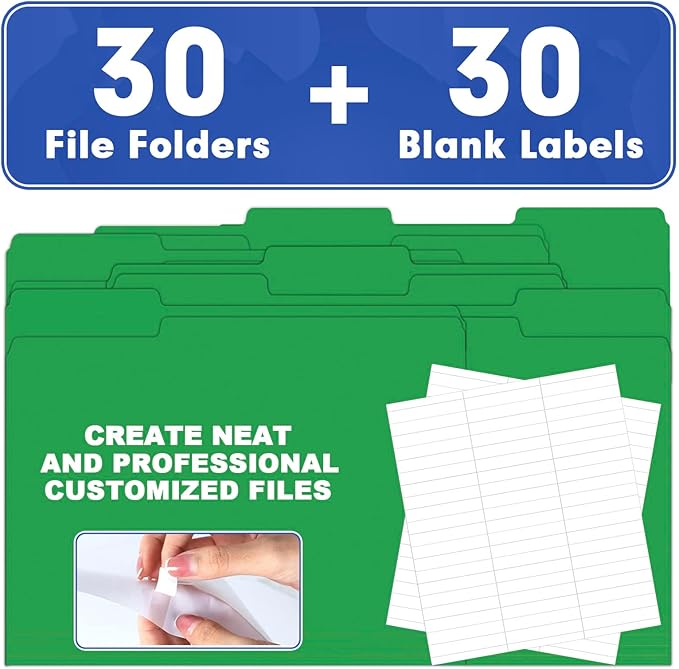 File Folder, HERKKA 30 Pack 1/3 Cut Tab File Folders, File Folders Great for Organizing and Filing, Letter Size, Green