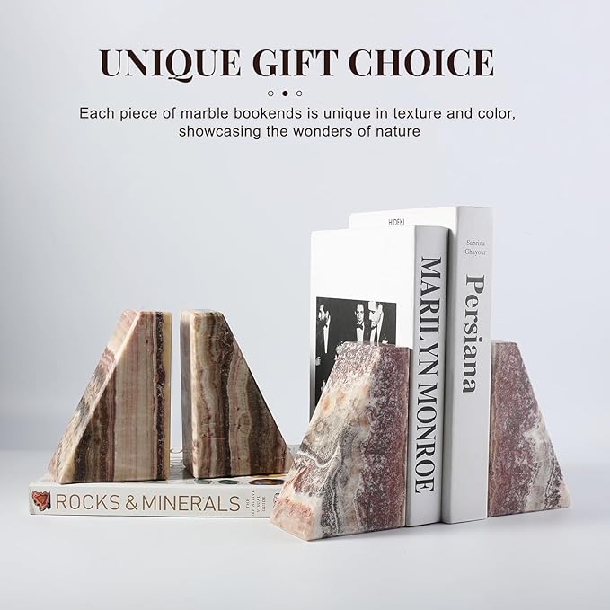 Koville Natural Onyx Bookends for Shelves, Decorative Bookends for Heavy Books, Non-Slip Heavy Duty Book Stopper for CD/Movies, Aesthetic Decorative Book Ends for Bookshevles Table Home Decor