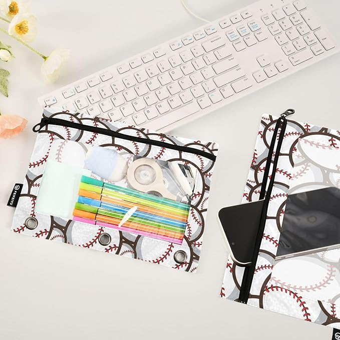 ZAZYXTJ Baseball Binder Pencil Pouchs 3 Ring with Zipper Clear Window Office Organizers bag for School Students Teacher Supplies 2 Pack