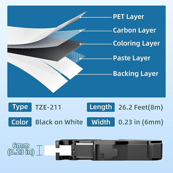 TZe-211 Compatible with Brother P Touch Label Tape 6mm 0.23 Inch Laminated Black on White 1/4 Inch TZe211 TZ-211 for Brother Label Maker PT-D220 PT-D210 PT-H110 PT-D400, 4 Pack