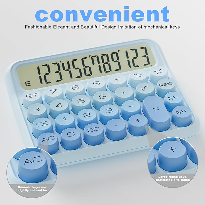 Mechanical Calculator 12 Digit Extra Large 5-Inch LCD Display, DECKLIT Battery Desk Calculator, Big Buttons Easy to Press Office Calculators Desktop, 15°Tilt Screen for Kids Calculator(Ice Blue)