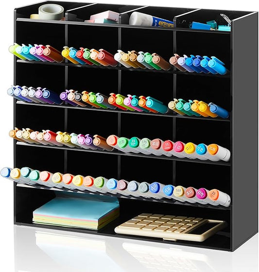 Acrylic Pen Organizer Storage for 250 Markers Vertical Marker Organizer Acrylic Pen Display Holder for Office Desk Desktop Stationery Pencil Storage, Black, 13 x 4 x 12.4 Inch