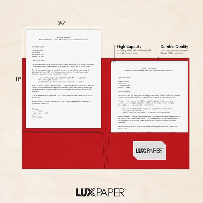 LUXPaper 9" x 12" Presentation Folders | Two Pocket | Ruby Red | 100lb. Cover | 10 Qty