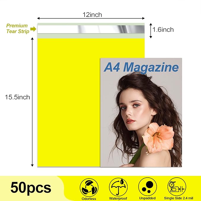 JinRuiKJ Thank You Poly Mailer 12x15.5 Inch 50 PCS, Shipping Bags for Clothing, Packaging Bags for Small Business, Strong Adhensive, Waterproof and Tear-Resistant Mailing Envelopes, Yellow