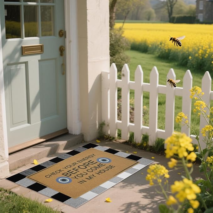 2 Pcs Check Your Energy Door Mat 30 x 17 Inch Evil Eye Door Mat Funny Welcome Coir Doormats for Front Doors Nonslip 2-in-1 Buffalo Plaid Rug for Outside Entrance Porch Rubber Backing Home Decor