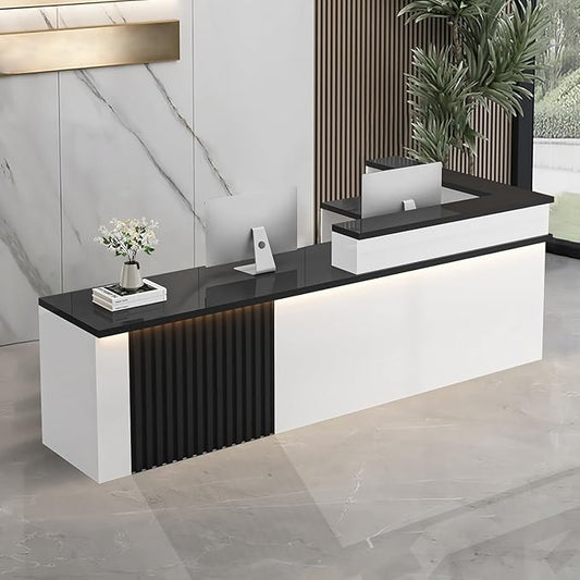 L-Shaped Receptionist Desk，Office Front Desk Reception Counter with Hidden Lighting & Storage Drawer Commercial Checkout Counter Sturdy for Salon Clinic Clothing Store