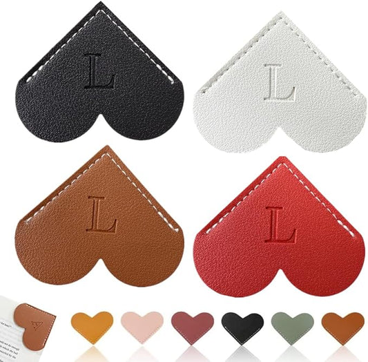 Personalized Leather Heart Bookmark, 26 Letters Customized Corner Book Mark for Reading, Book Holder Markers with Initials Page Book Accessories Cute Gifts (Black+White+Dark Brown+red,L)