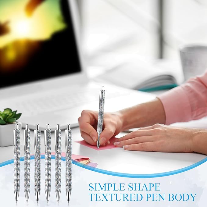 Jeyiour 6 Pcs Bling Pen Cute Diamond Wedding Rhinestones Gift Metal Ballpoint Fancy Sparkly Crystal Retractable Black Ink Pen for Women Office Birthday 0.7mm(Colorful Silver, Silver)