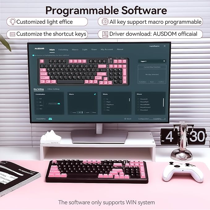 AUSDOM 98Pro Silent Wireless Mechanical Keyboard, Tri-Mode BT/2.4G/USB-C Hot Swappable Custom Quiet Keyboard with Backlit, Gasket Structure, PBT Keycaps, Pre-lubed Tactile Switches(Black Pink 97keys)