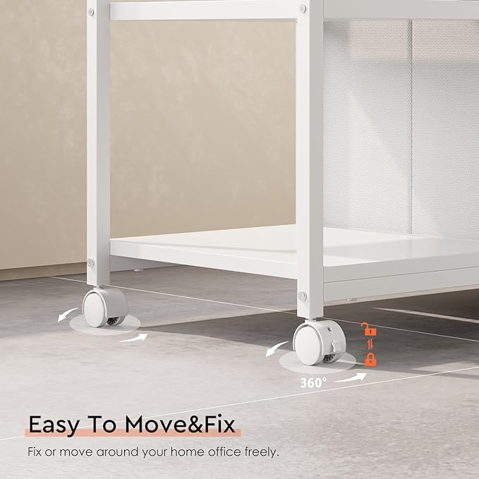 6 Drawer File Cabinet with Charging Station Rolling Printer Stand with Open Storage Shelf Fabric Lateral Filing Cabinet for Home Office,White