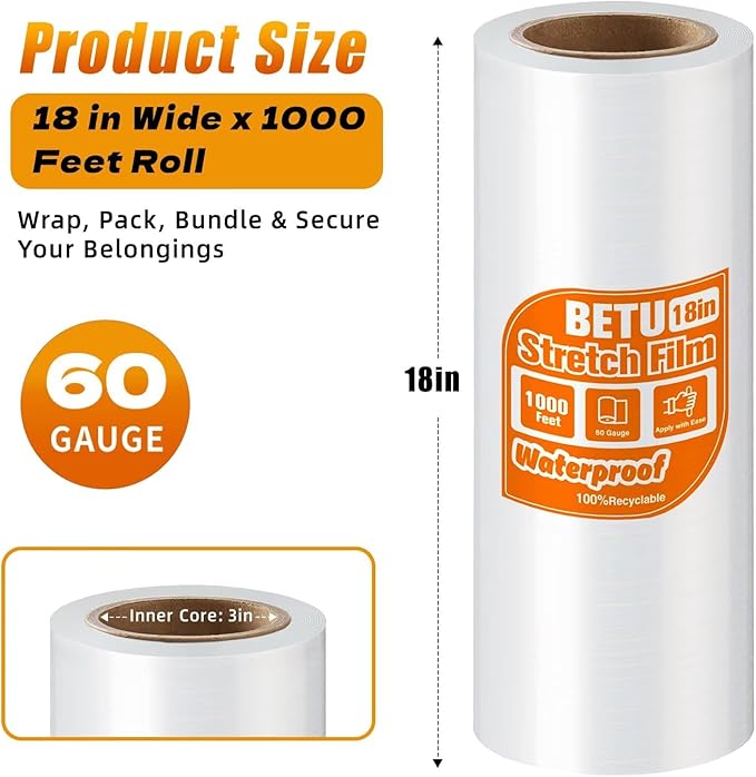 BETU Plastic Wrap Stretch Film for Moving Supplies 18inch X 1000ft, Shrink Wrap Stretch Roll Industrial for Furniture Wrapping Shipping Pallet Moving Boxes Storage with Handles, 1 Pack, Clear