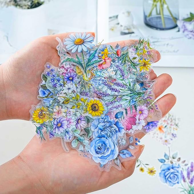 100 Pcs Natural Flower Stickers for Scrapbooking Junk Journal Notebook Planner Card Making Collage Envelope Water Bottle Phone Case Craft, Rose, Daisy, Lavender, Sunflower, Wildflower Stickers