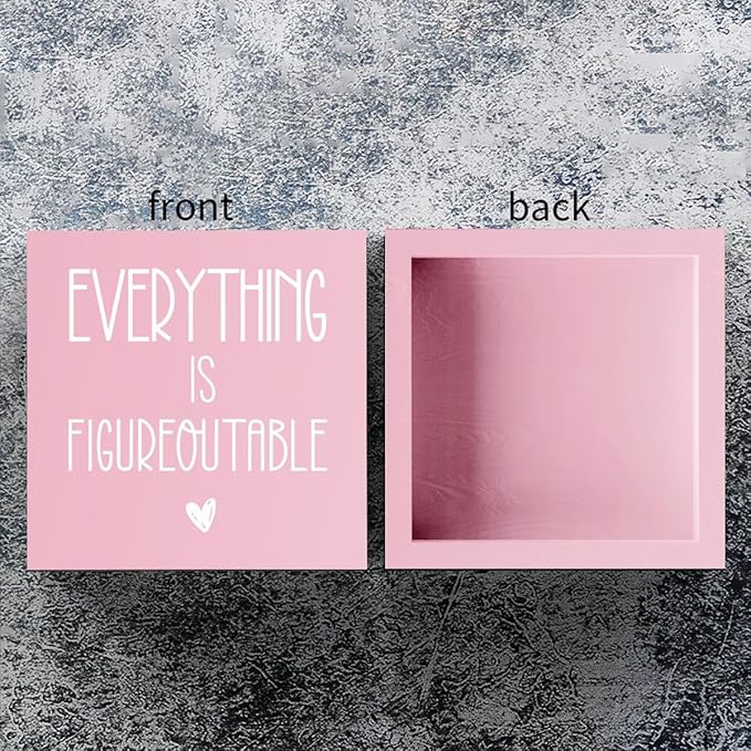 mmiishe Everything Is Figureoutable Wooden Box Sign Decorative Inspirational Farmhouse Wood Box Sign Home Office Decor Motivational Gift Rustic Square Desk Decor Sign for Shelf Pink