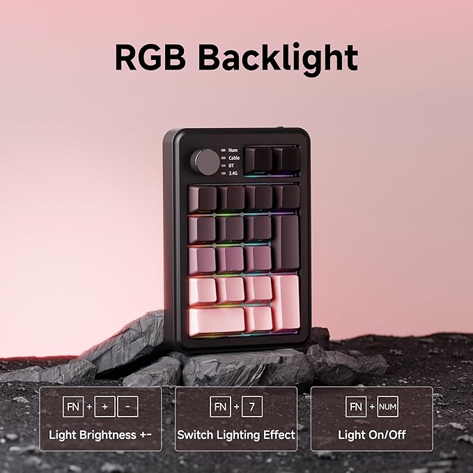 EWEADN NK20 Wireless Retro Mechanical Numpad with Knob, Bluetooth/2.4GHz/USB-C Connect with RGB Backlight Hot Swappable Number Pad, 20-Key Rechargeable External Num Pad for Win, Mac, Black Berry Pink