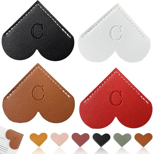 Personalized Leather Heart Bookmark, 26 Letters Customized Corner Book Mark for Reading, Book Holder Markers with Initials Page Book Accessories Cute Gifts (Black+White+Dark Brown+Red,C)