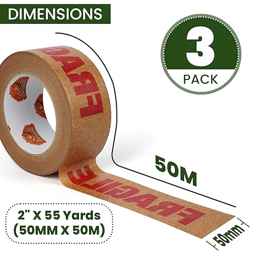 TAPEBEAR Fragile Tape Eco-Friendly Kraft Paper Tape 2Inch x 55Yard, Biodegradable Packaging Brown Paper Tape Self Adhesive Box Tape for Small Business, Shipping, Sealing, Moving, 3Rolls