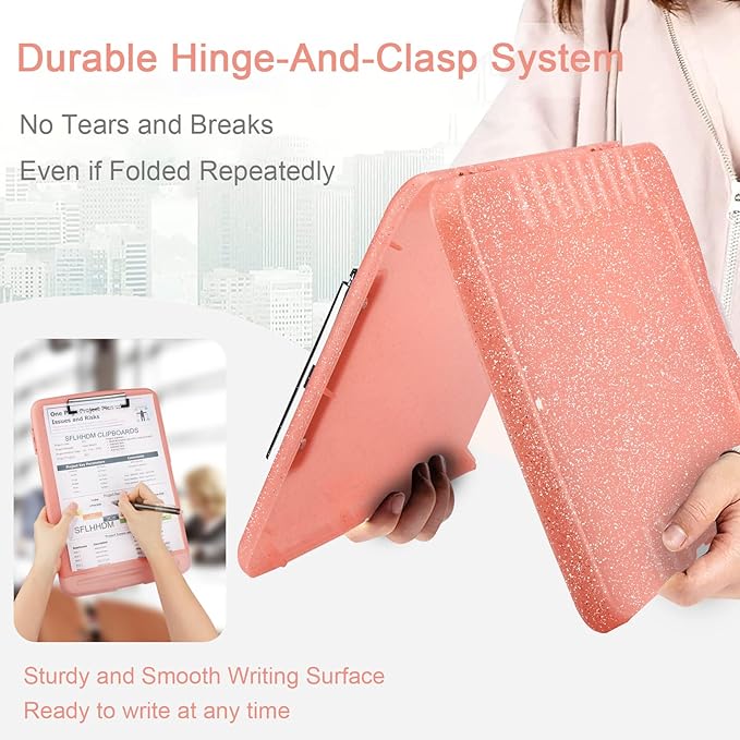 Glitter Clipboard with Storage,Storage Clipboard with Pen Holder,A4 Binder Clip Boards 8.5x11 with Low Profile Clip,Side Opening Sparkle Clipboards, Clipboards Folder for Office Supplies-Pale Pink