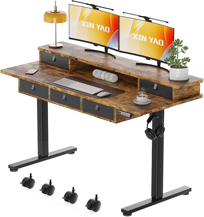 XINYAO Electric Standing Desk with 5 Drawers, 55x24 Inch Height Adjustable Sit Stand Up Desk with Storage Support 290lbs Ergonomic Rising Table with Wheels for Home Office